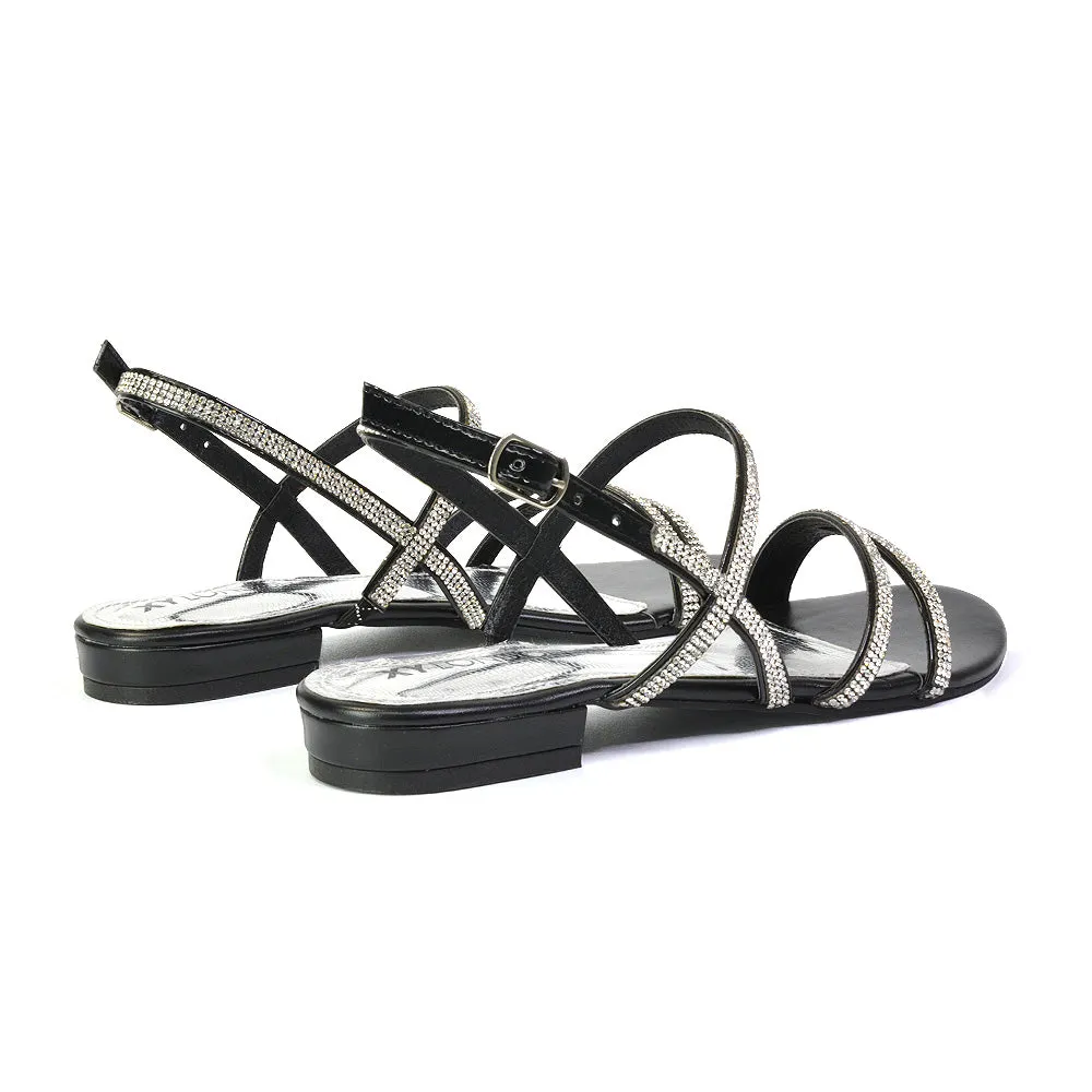 Orla Buckle Strappy Summer Sparkly Bridal Flat Diamante Sandals in Black