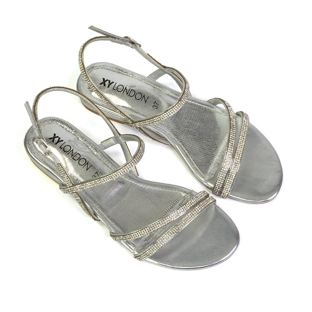 Orla Buckle Strappy Summer Sparkly Bridal Flat Diamante Sandals in Black