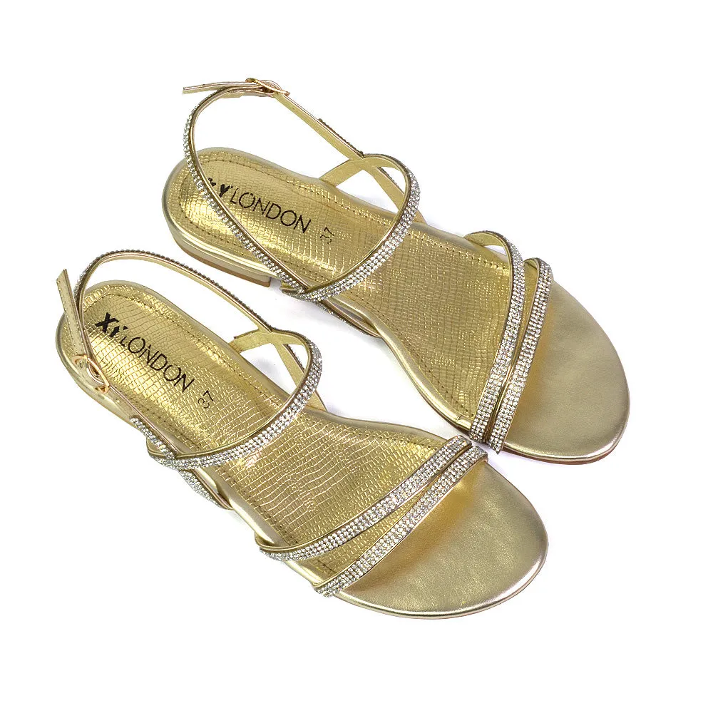 Orla Buckle Strappy Summer Sparkly Bridal Flat Diamante Sandals in Black