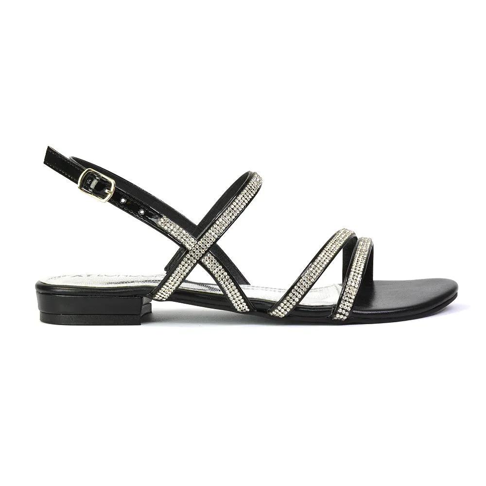 Orla Buckle Strappy Summer Sparkly Bridal Flat Diamante Sandals in Black