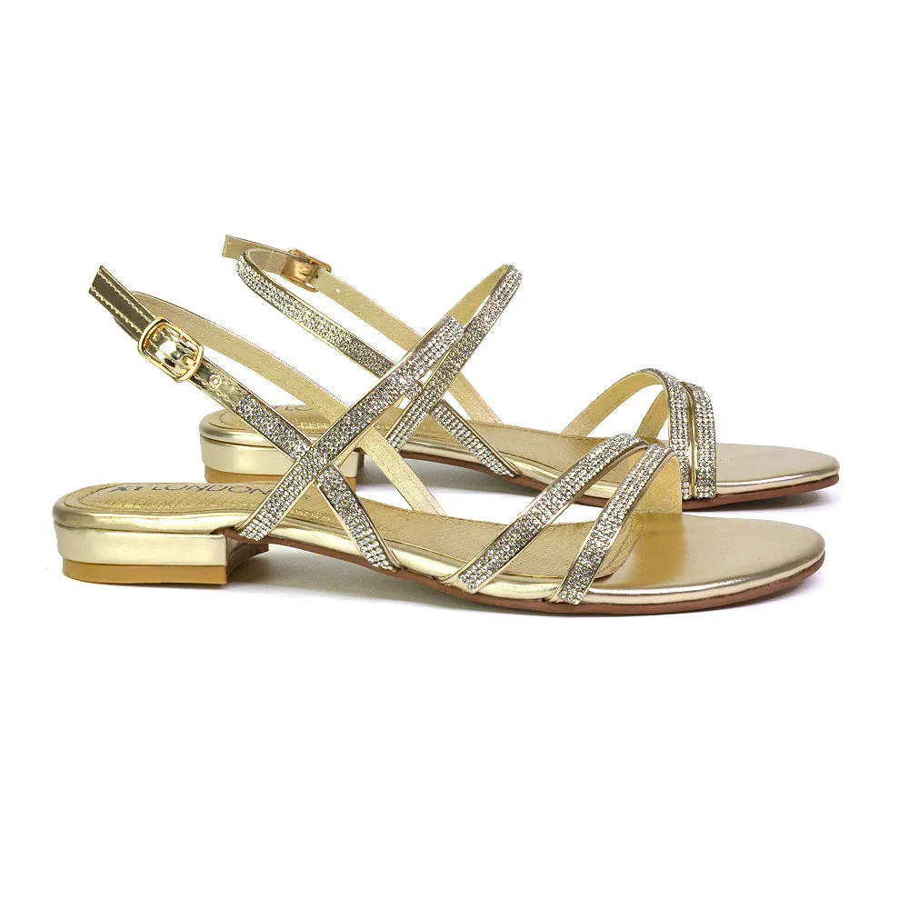 Orla Buckle Strappy Summer Sparkly Bridal Flat Diamante Sandals in Black