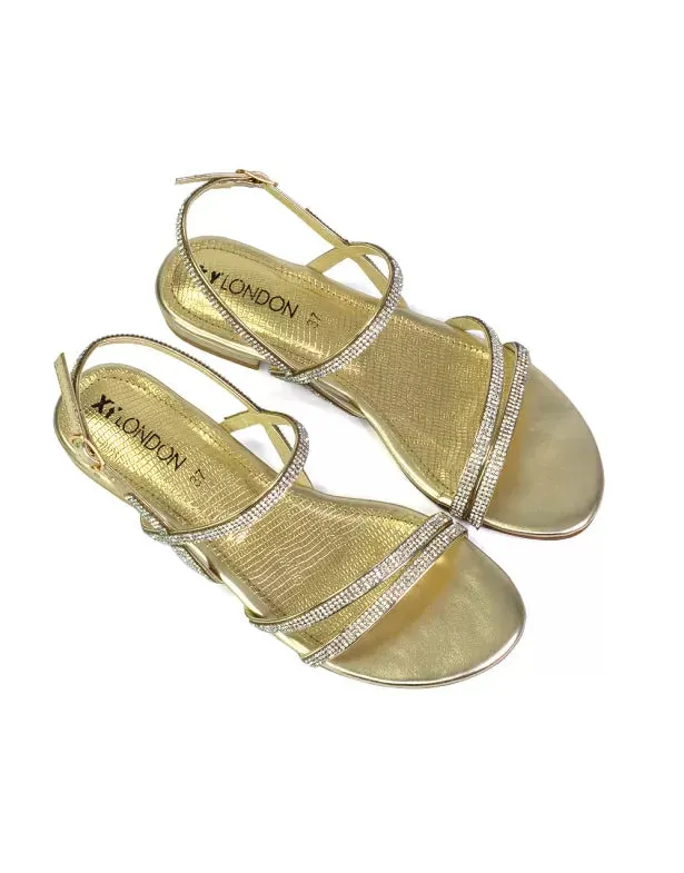 Orla Buckle Strappy Summer Sparkly Bridal Flat Diamante Sandals in Black