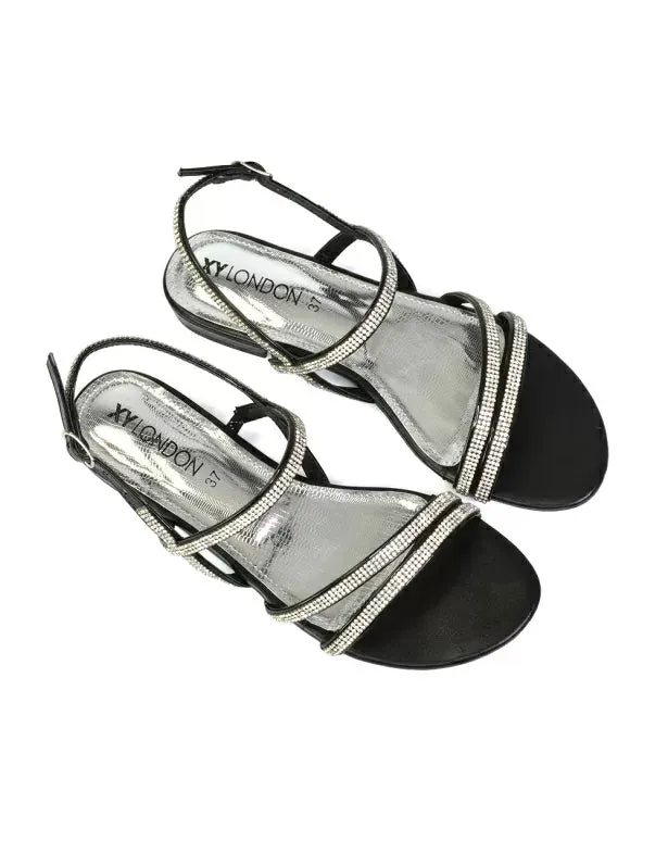 Orla Buckle Strappy Summer Sparkly Bridal Flat Diamante Sandals in Black