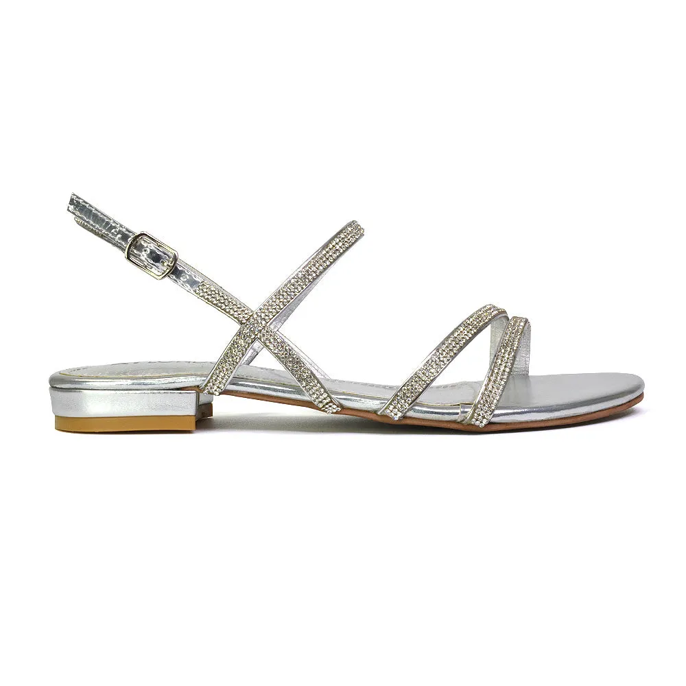 Orla Buckle Strappy Summer Sparkly Bridal Flat Diamante Sandals in Black