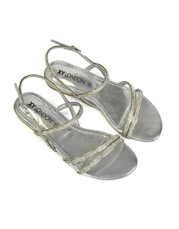 Orla Buckle Strappy Summer Sparkly Bridal Flat Diamante Sandals in Black