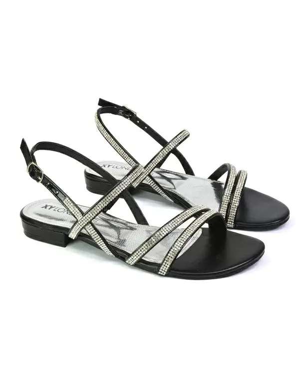 Orla Buckle Strappy Summer Sparkly Bridal Flat Diamante Sandals in Black