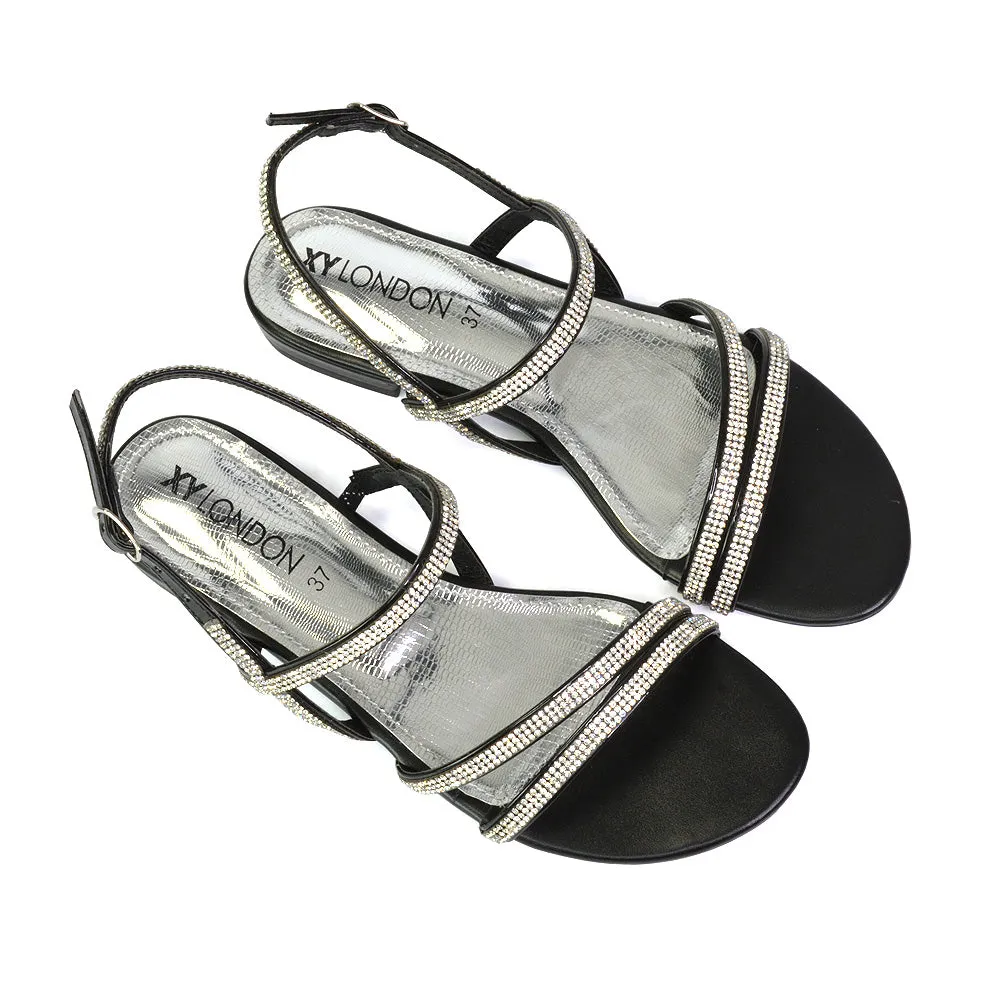 Orla Buckle Strappy Summer Sparkly Bridal Flat Diamante Sandals in Black
