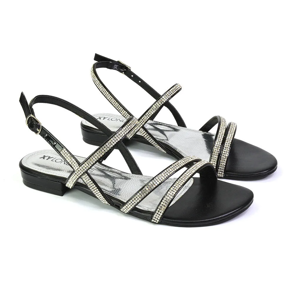 Orla Buckle Strappy Summer Sparkly Bridal Flat Diamante Sandals in Black