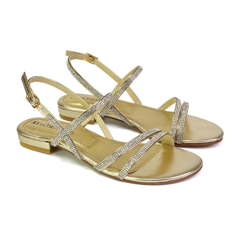 Orla Buckle Strappy Summer Sparkly Bridal Flat Diamante Sandals in Black