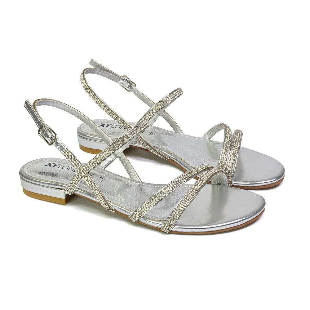 Orla Buckle Strappy Summer Sparkly Bridal Flat Diamante Sandals in Black