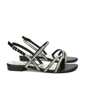 Orla Buckle Strappy Summer Sparkly Bridal Flat Diamante Sandals in Black
