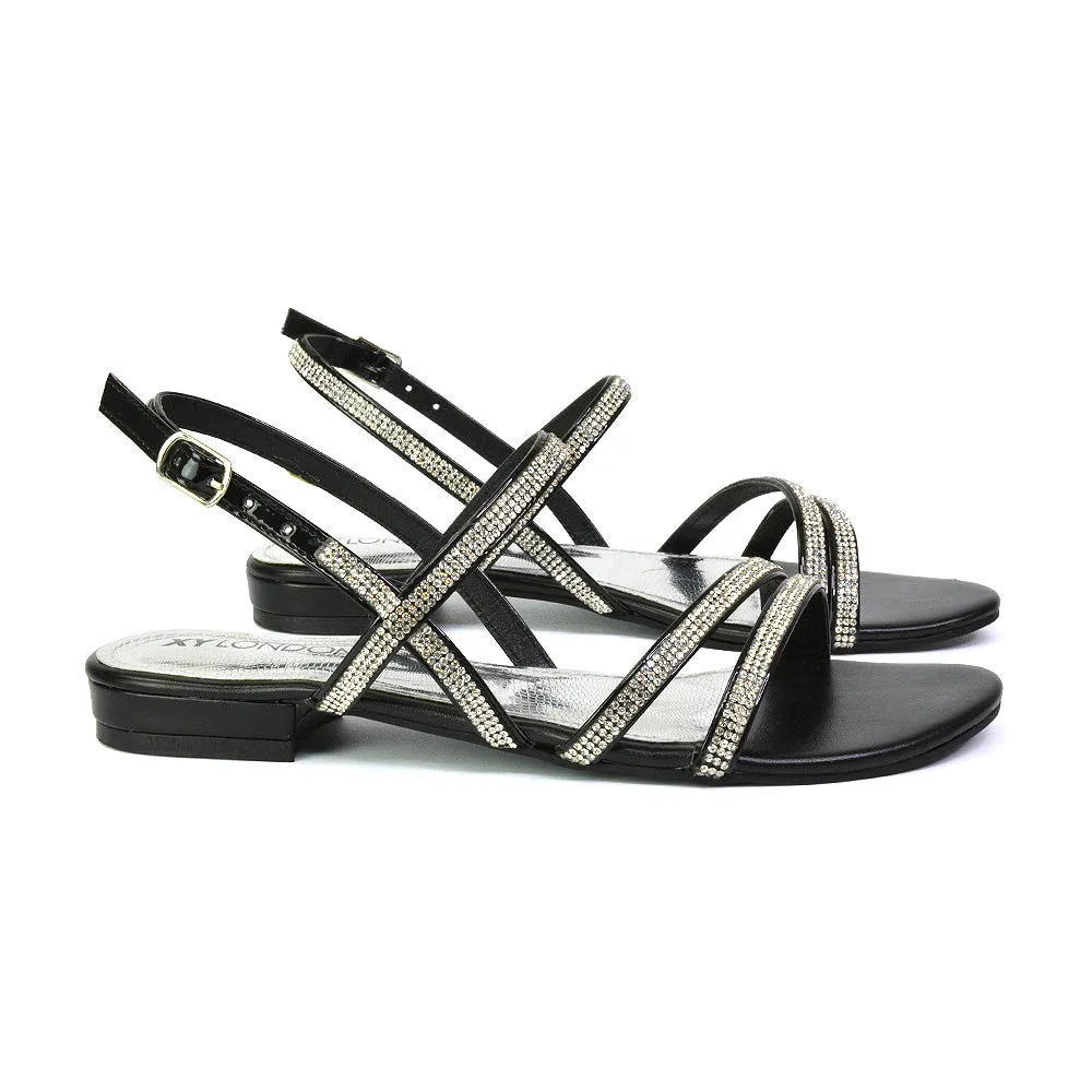 Orla Buckle Strappy Summer Sparkly Bridal Flat Diamante Sandals in Black