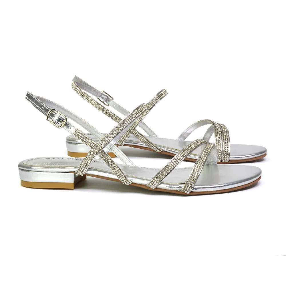 Orla Buckle Strappy Summer Sparkly Bridal Flat Diamante Sandals in Black