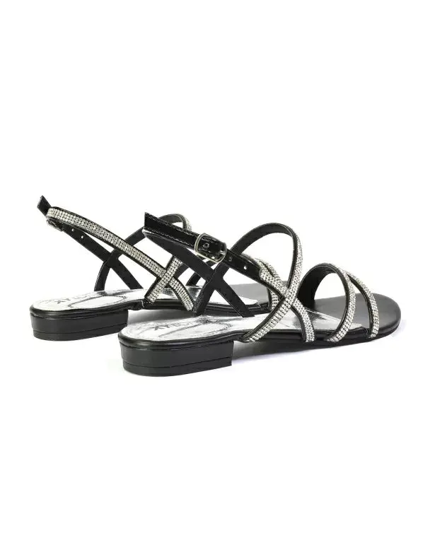 Orla Buckle Strappy Summer Sparkly Bridal Flat Diamante Sandals in Black
