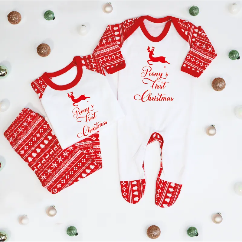 Personalised Baby's First Christmas Red Reindeer Pyjamas