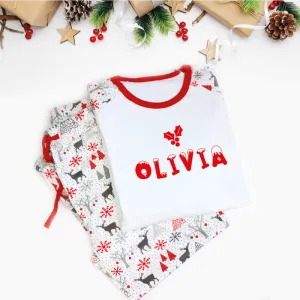 Personalised Snow and Mistletoe Matching Family Children Christmas Pyjamas