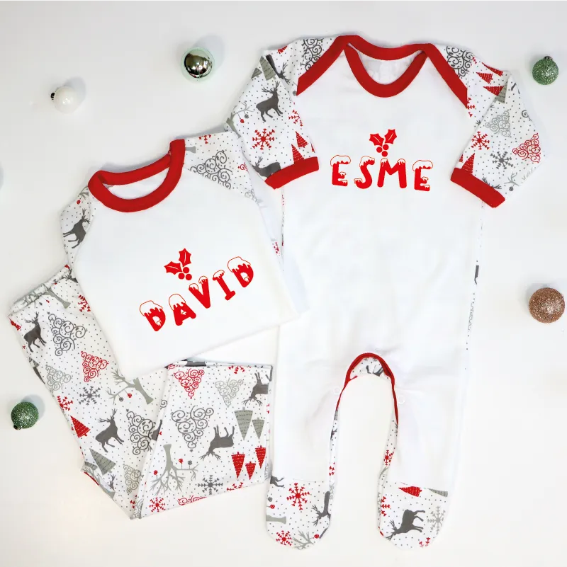 Personalised Snow and Mistletoe Matching Family Children Christmas Pyjamas