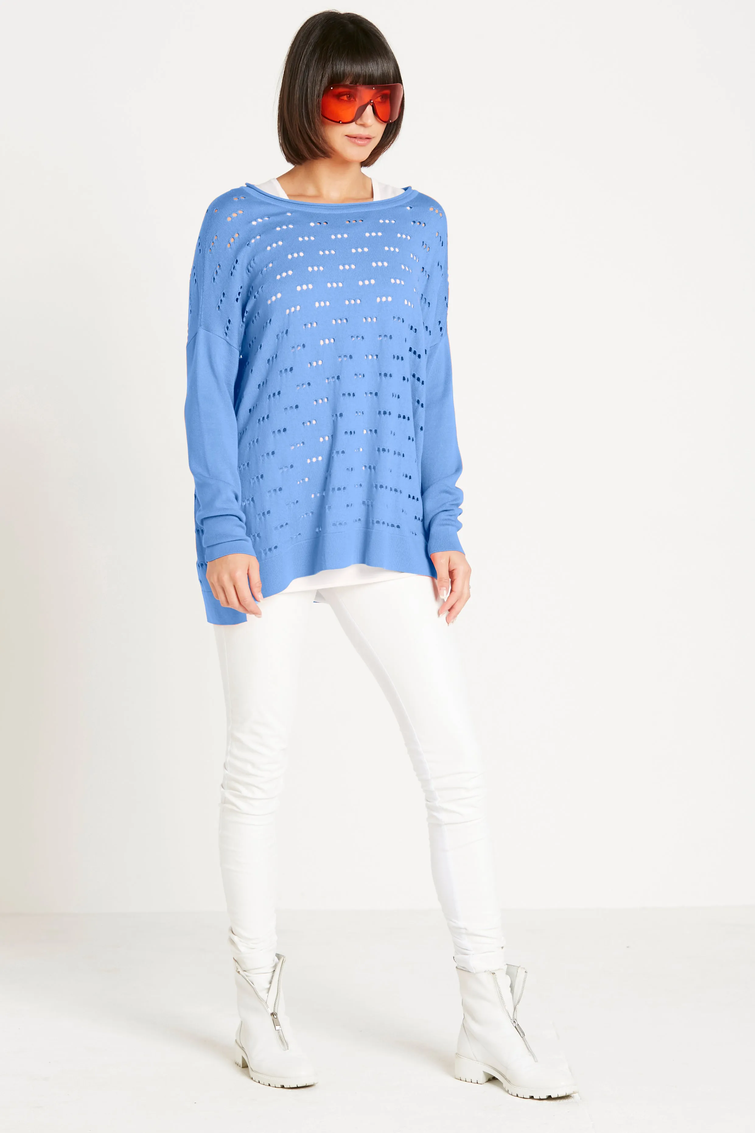 Pima Cotton Long 3 Hole Punch Boatneck Sweater