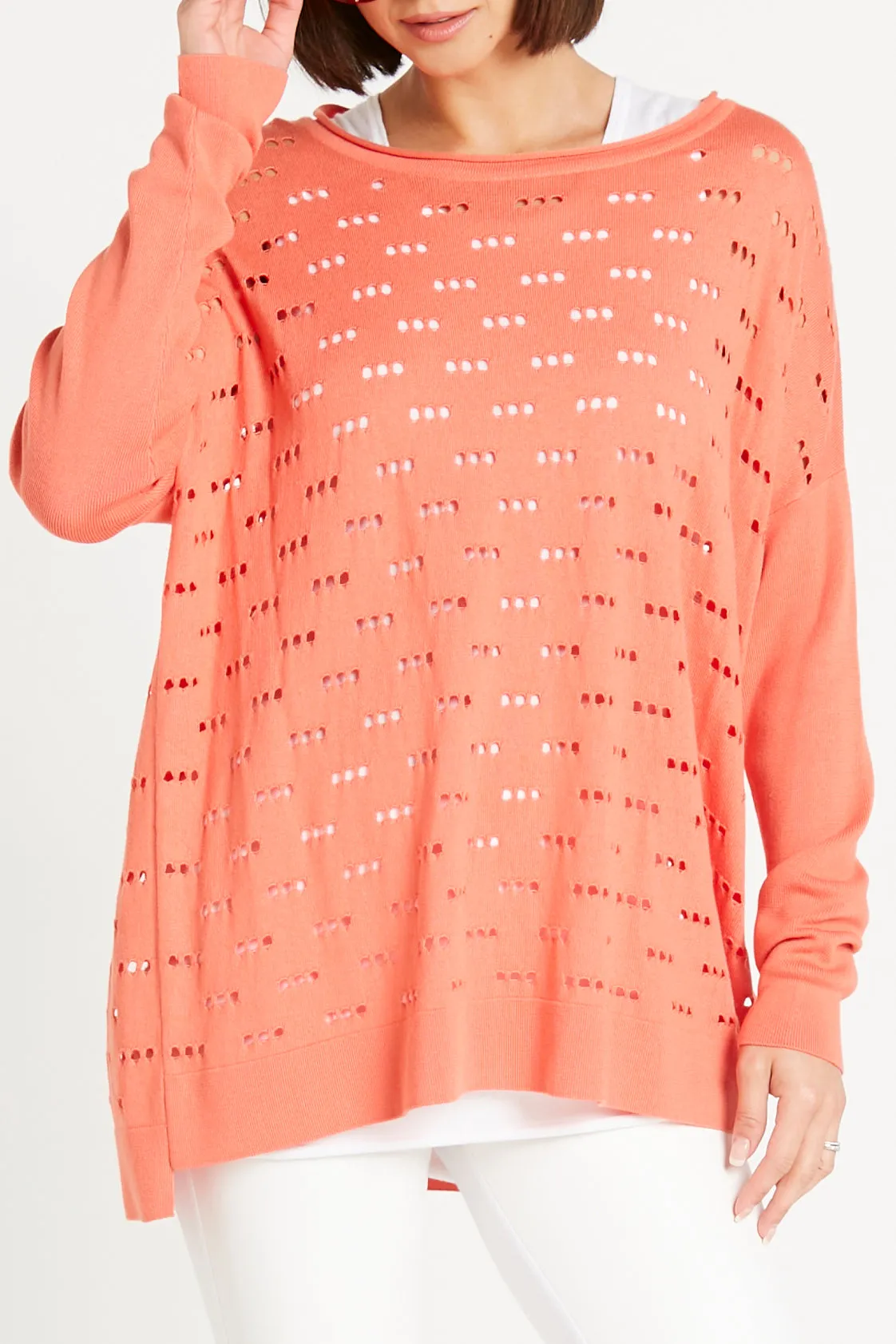 Pima Cotton Long 3 Hole Punch Boatneck Sweater