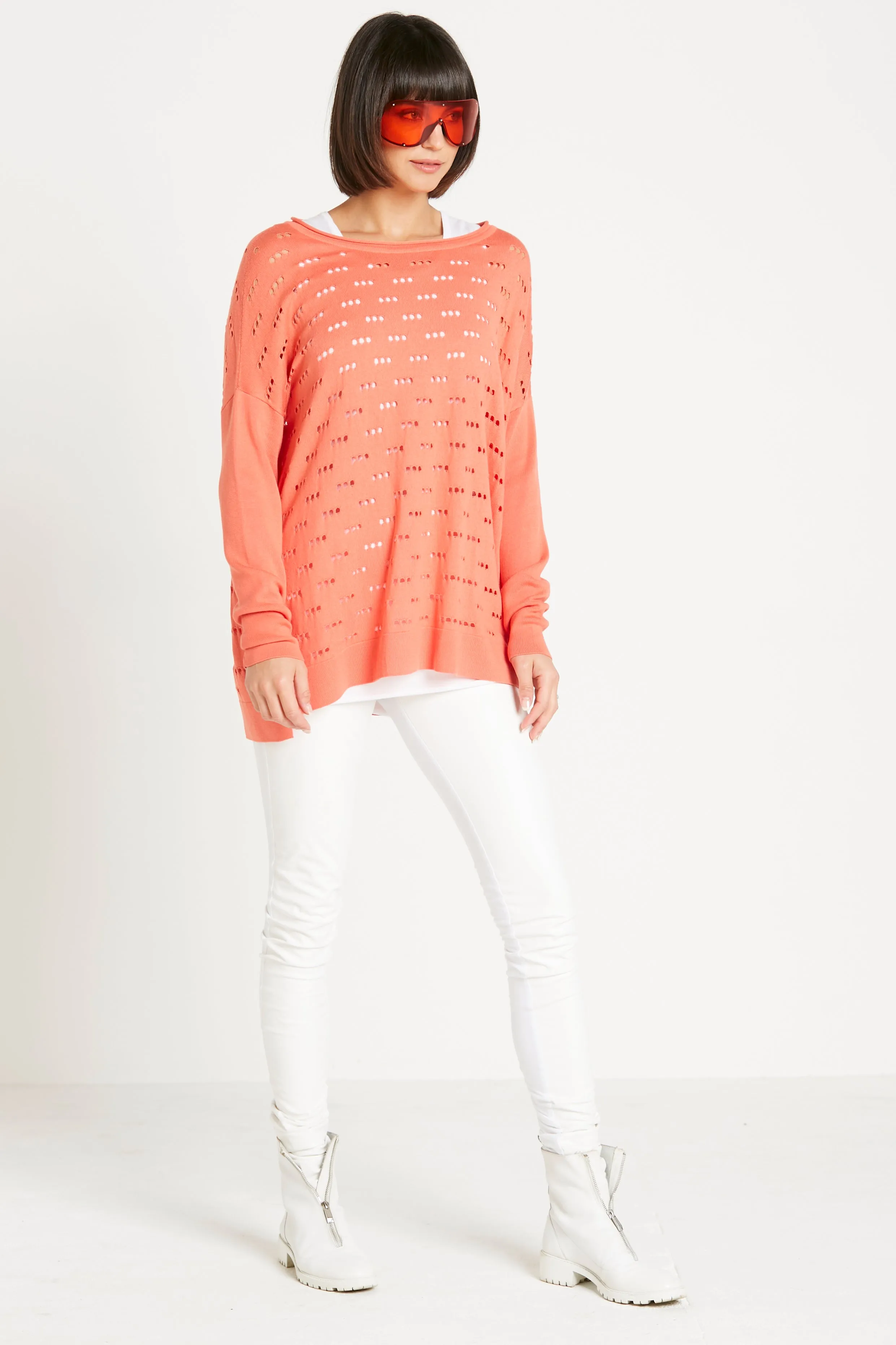 Pima Cotton Long 3 Hole Punch Boatneck Sweater