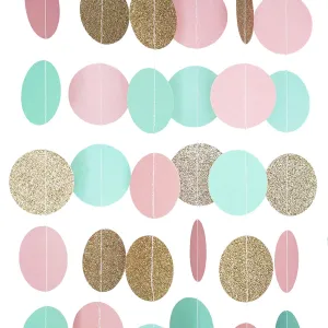 Pink Mint and Gold Glitter Circle Polka Dots Paper Garland Banner 10 FT Banner