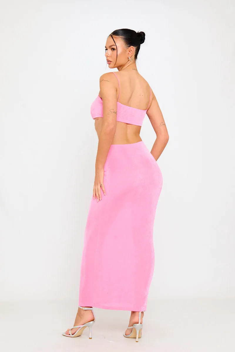 Pink Slinky Ruched Spaghetti Crop Top & Midi Skirt Co-Ord