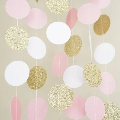 Pink White and Gold Glitter Circle Polka Dots Paper Garland Banner 10 FT Banner