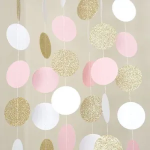 Pink White and Gold Glitter Circle Polka Dots Paper Garland Banner 10 FT Banner