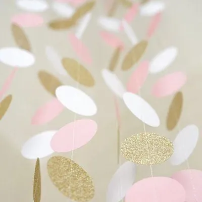Pink White and Gold Glitter Circle Polka Dots Paper Garland Banner 10 FT Banner