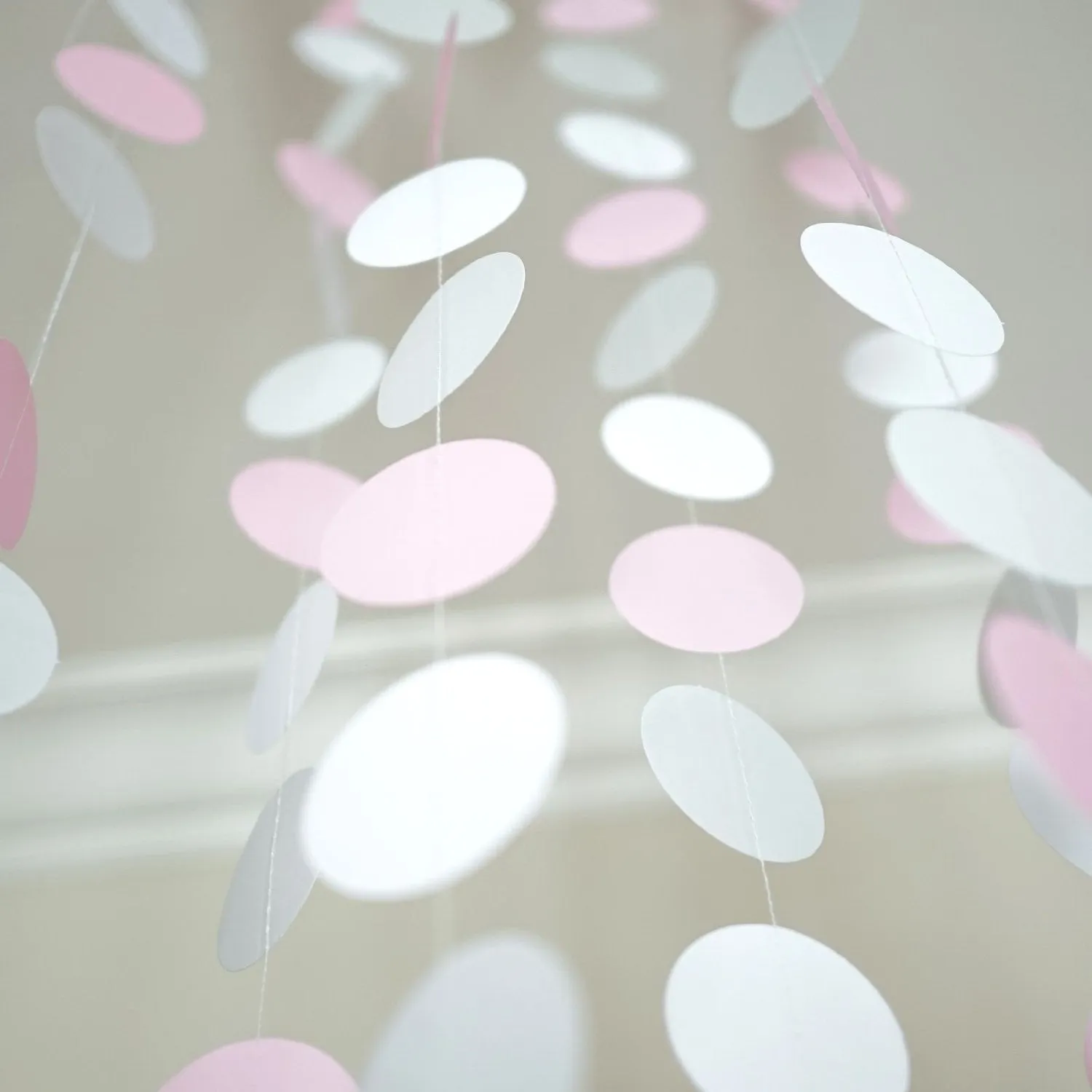 Pink White and Gray Glitter Circle Polka Dots Paper Garland 10 FT Banner Party Decor
