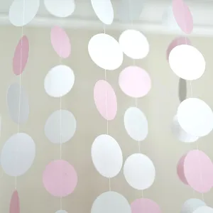Pink White and Gray Glitter Circle Polka Dots Paper Garland 10 FT Banner Party Decor