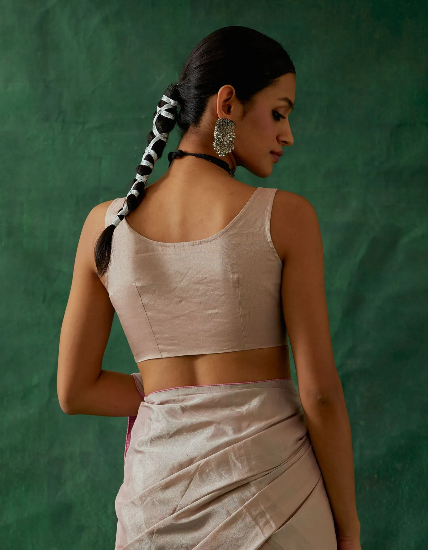 Pink Zari Silk Sleeveless Blouse in Handwoven Fabric