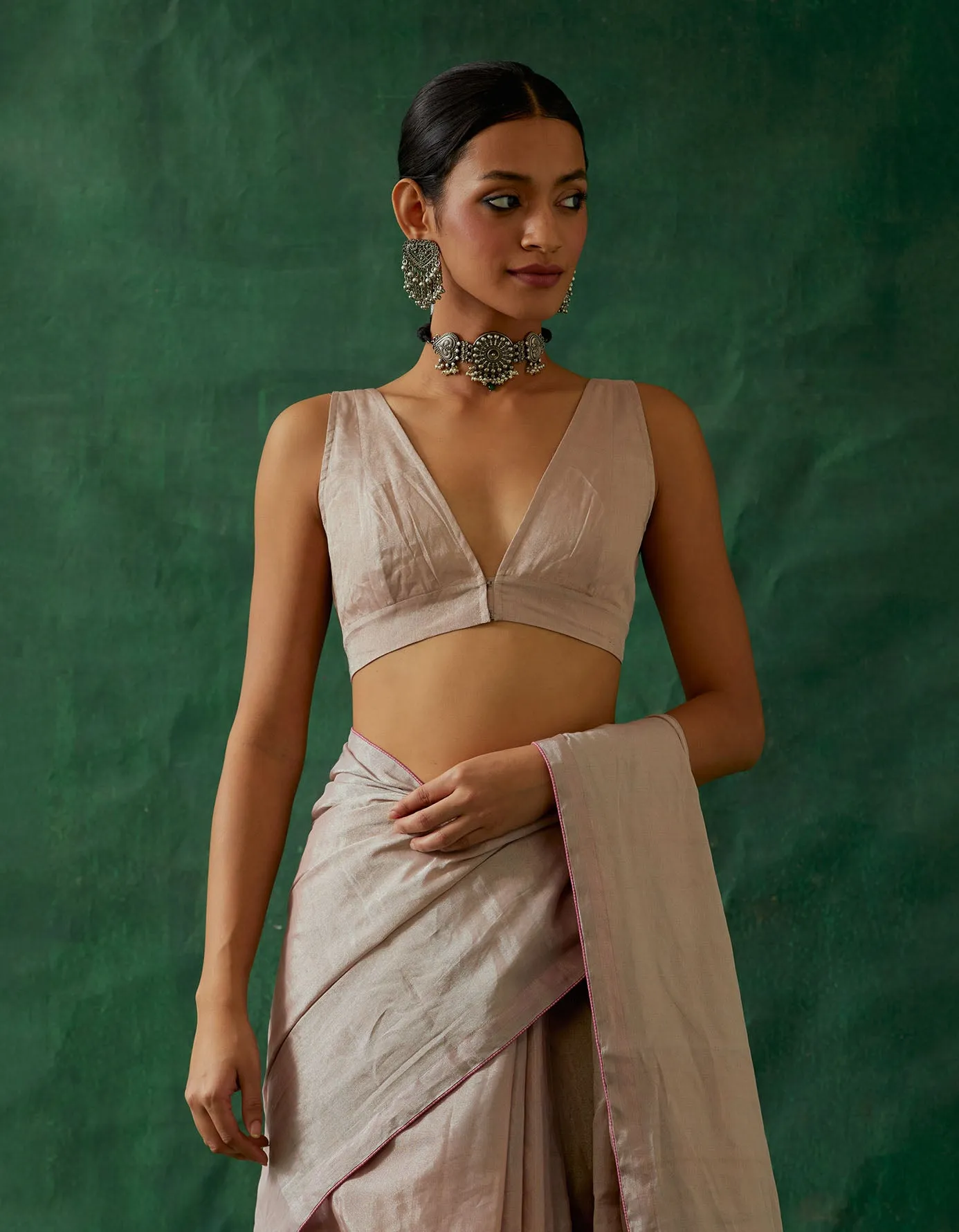 Pink Zari Silk Sleeveless Blouse in Handwoven Fabric