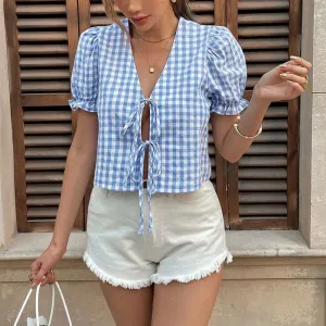 Plaid Bow Tie Button-Down Casual Shirt