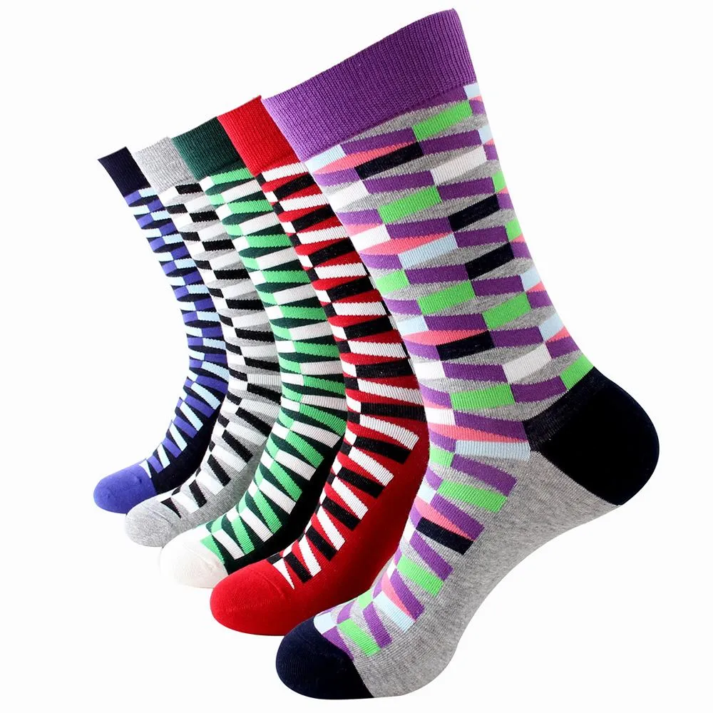 Plain Five Color Mens Colorful Crew Socks - Premium Cotton Fun socks with Soft Elastic - 5 Pack