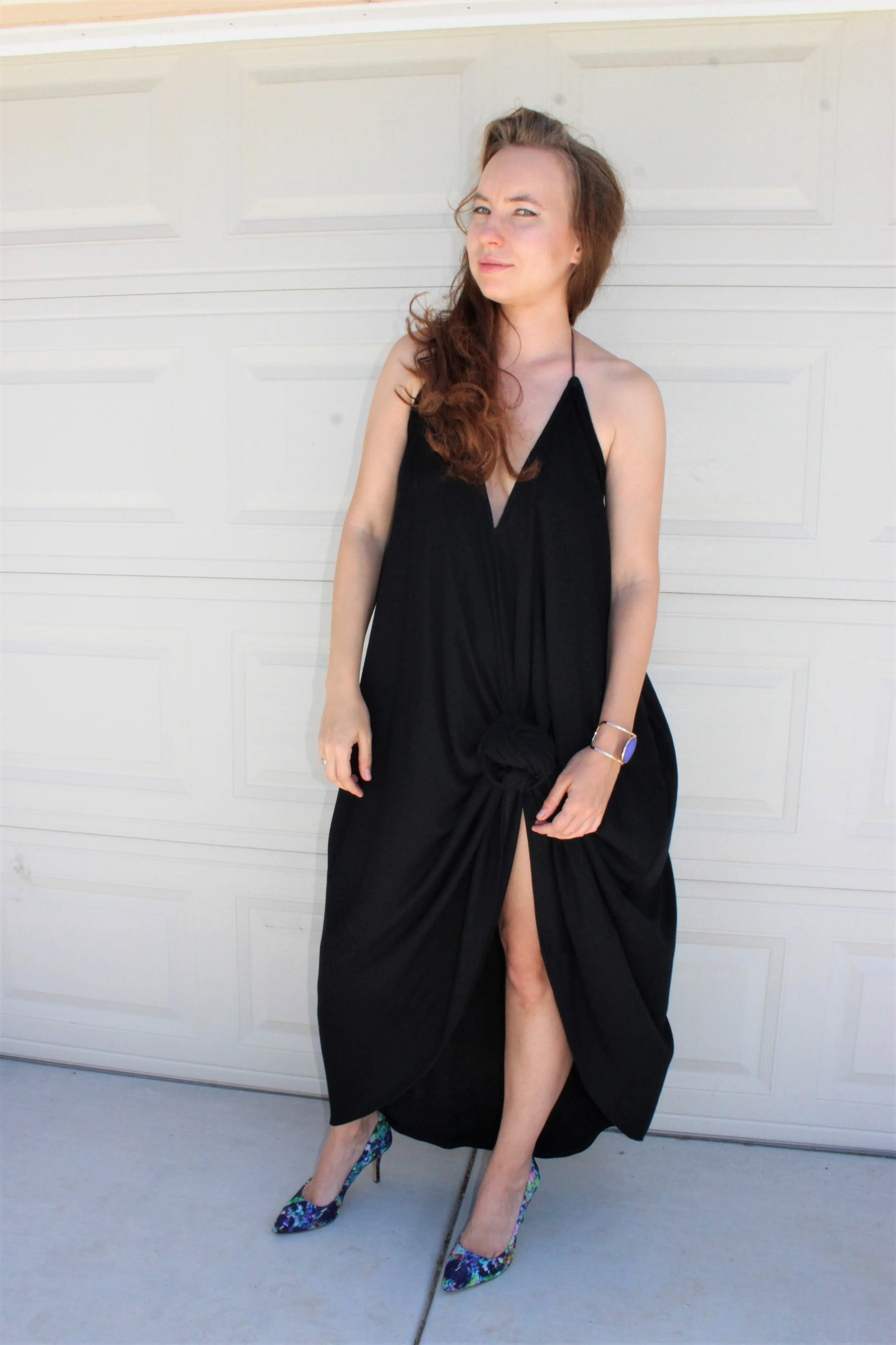 Plunging Halter Hi-Low Maxi Dress