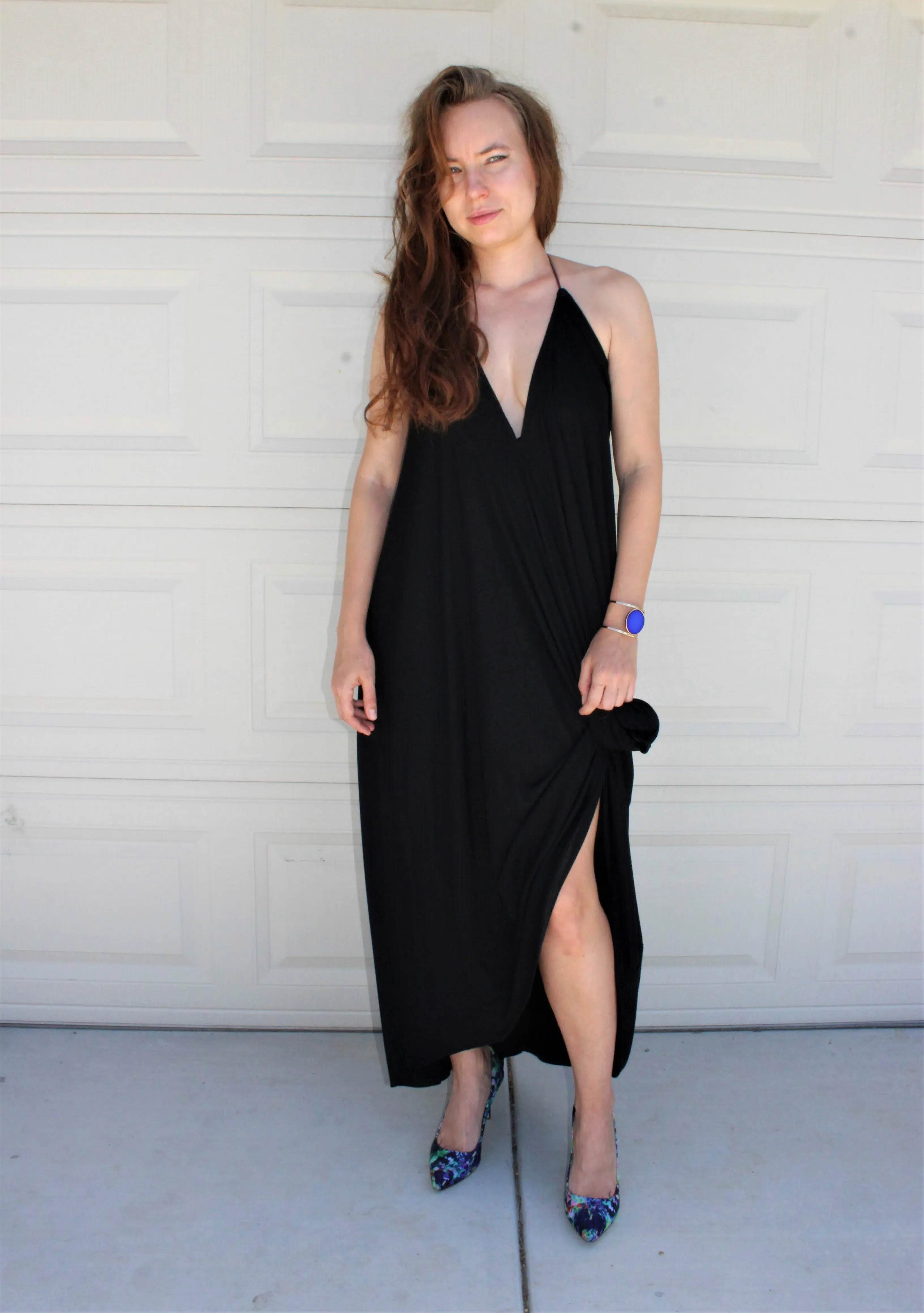 Plunging Halter Hi-Low Maxi Dress