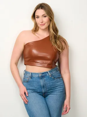 PLUS SIZE ONE SHOULDER PU PLEATHER CROP TOP