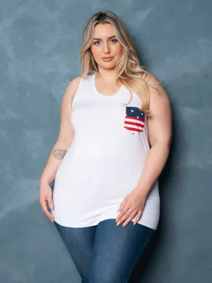 PLUS SIZE SLEEVELES V-NECK FRONT POCKET PATRIOTIC TANK TOP