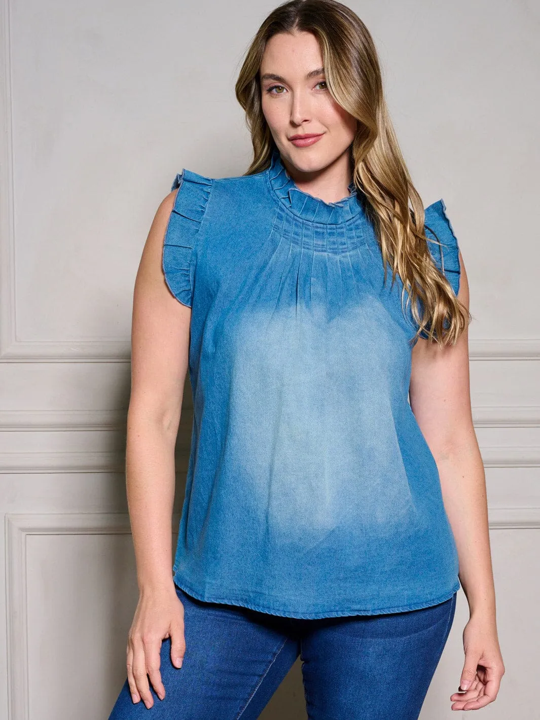 PLUS SIZE SLEEVELESS RUFFLE MOCK NECK BACK DETAILED WASHED DENIM TOP