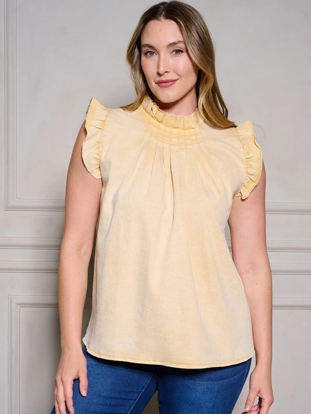 PLUS SIZE SLEEVELESS RUFFLE MOCK NECK BACK DETAILED WASHED DENIM TOP
