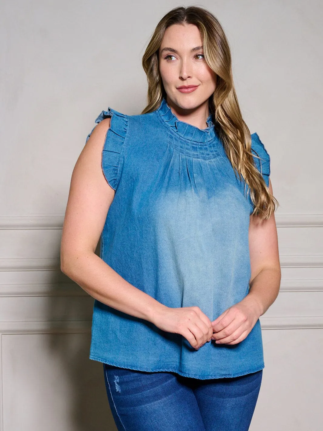 PLUS SIZE SLEEVELESS RUFFLE MOCK NECK BACK DETAILED WASHED DENIM TOP