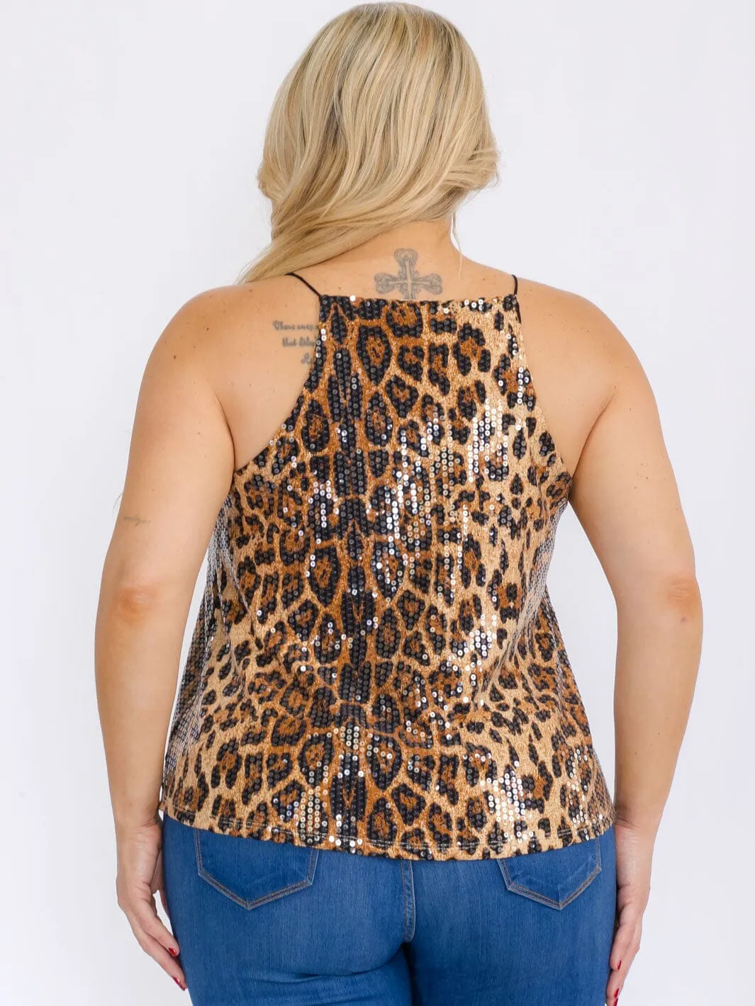 PLUS SIZE SLEEVELESS SEQUINS ANIMAL PRINT TANK TOP