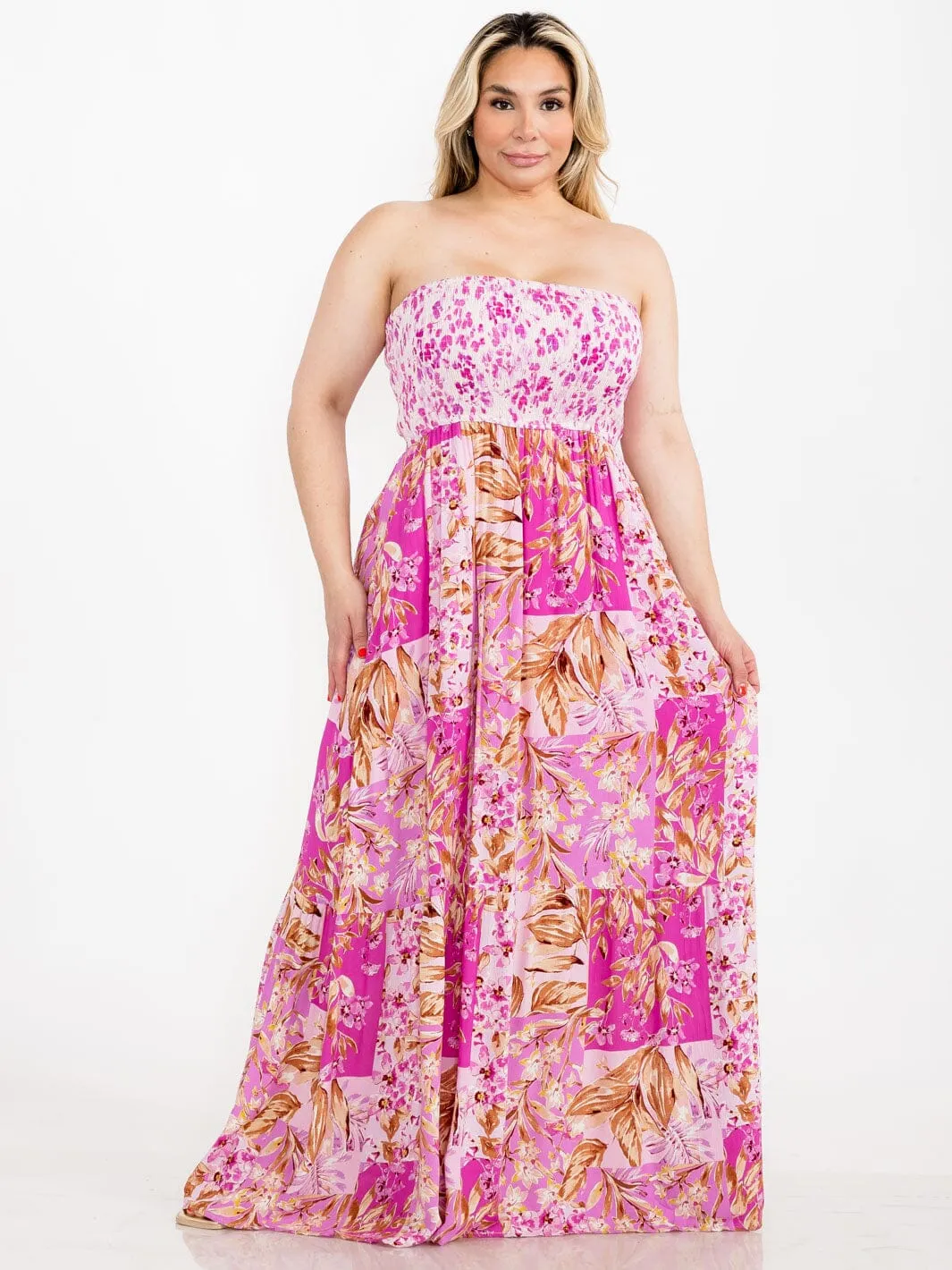 PLUS SIZE SLEEVELESS SMOCK FLORAL MAXI DRESS