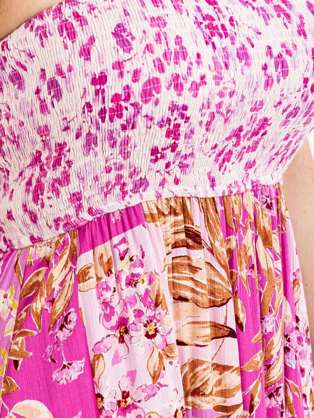 PLUS SIZE SLEEVELESS SMOCK FLORAL MAXI DRESS