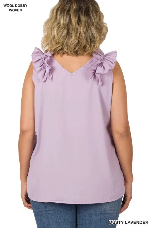 Plus Woven Wool Dobby Ruffle Trim Sleeveless Top