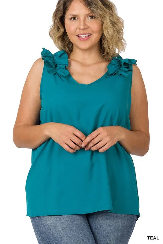 Plus Woven Wool Dobby Ruffle Trim Sleeveless Top