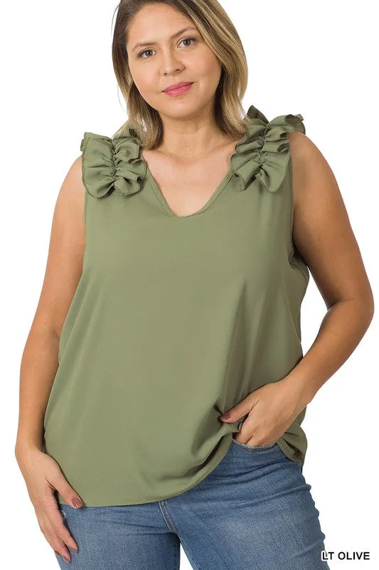Plus Woven Wool Dobby Ruffle Trim Sleeveless Top