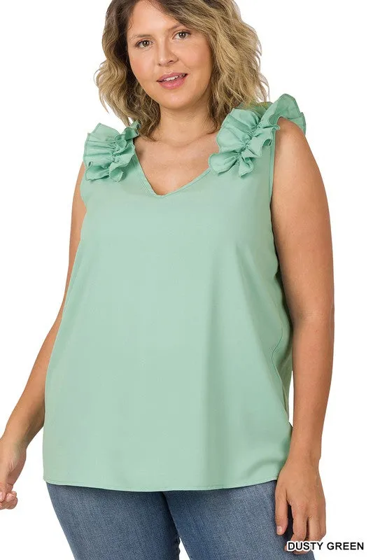 Plus Woven Wool Dobby Ruffle Trim Sleeveless Top