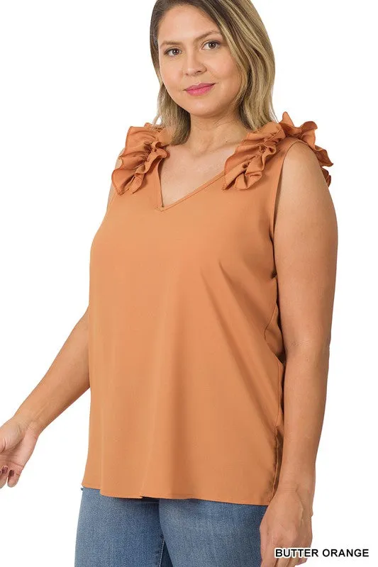 Plus Woven Wool Dobby Ruffle Trim Sleeveless Top